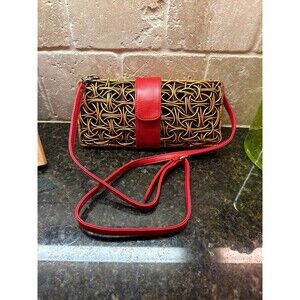Sarah Stewart Woven Rattan Crossbody Clutch Red Leather Resort Boho Handbag